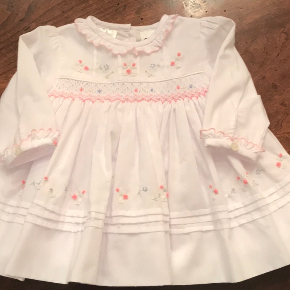 Newborn White Smocked Dress with Pink Embroidery NWOT